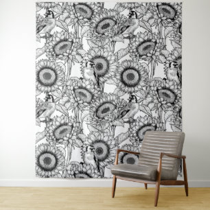 Sunflowers and goldfinches in black and white tapestry