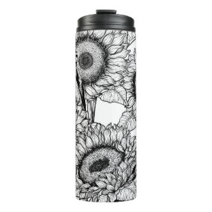 Sunflowers and goldfinches in black and white thermal tumbler