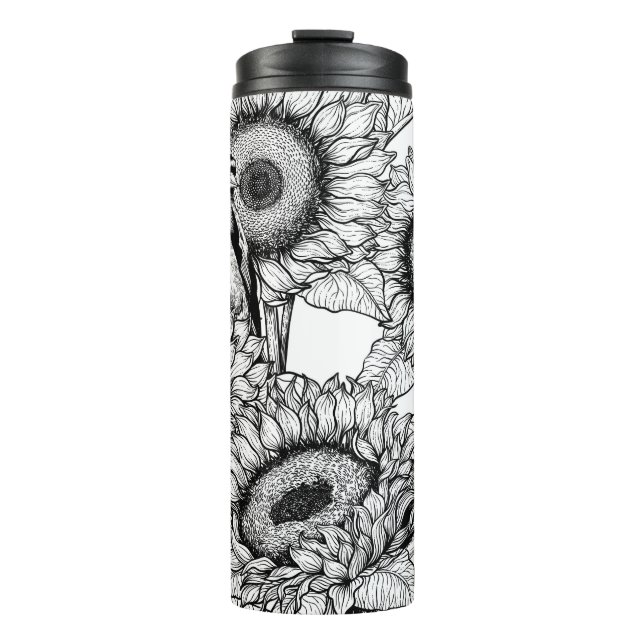 Sunflowers and goldfinches in black and white thermal tumbler (Front)