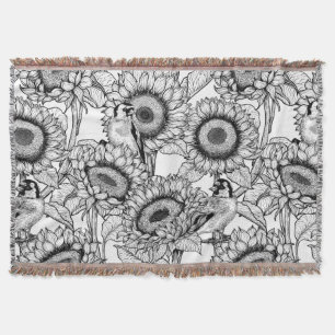 Sunflowers and goldfinches in black and white throw blanket