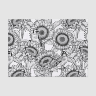Sunflowers and goldfinches in black and white tissue paper