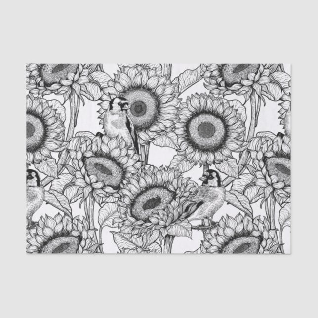 Sunflowers and goldfinches in black and white tissue paper (Front)
