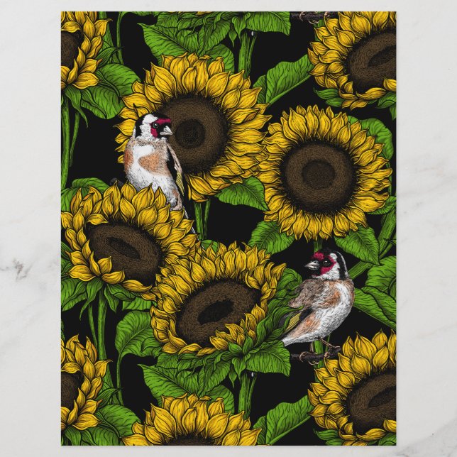 Sunflowers and goldfinches on black (Front)