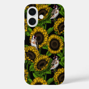 Sunflowers and goldfinches on black iPhone 16 case