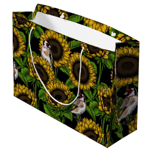 Sunflowers and goldfinches on black large gift bag (Back Angled)