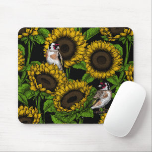 Sunflowers and goldfinches on black mouse mat