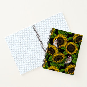 Sunflowers and goldfinches on black notebook