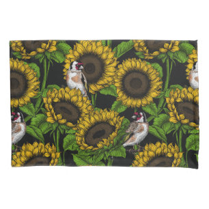Sunflowers and goldfinches on black pillowcase