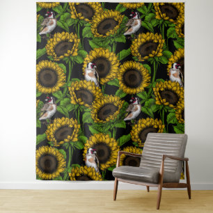 Sunflowers and goldfinches on black tapestry