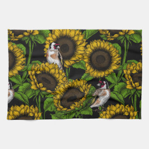 Sunflowers and goldfinches on black tea towel