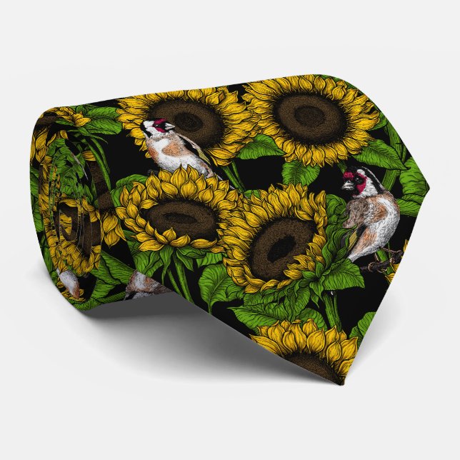 Sunflowers and goldfinches on black tie (Rolled)