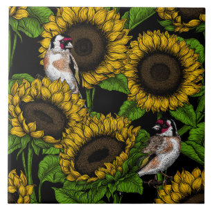Sunflowers and goldfinches on black tile