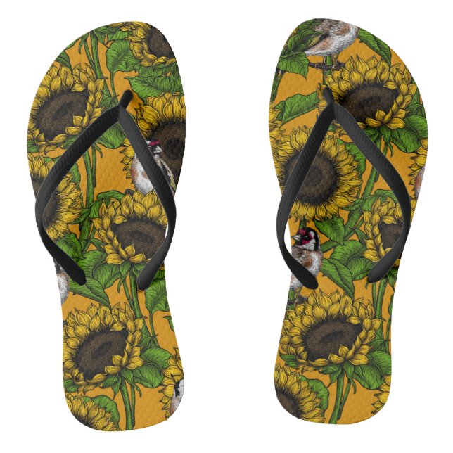 Sunflowers and goldfinches on orange flip flops (Footbed)