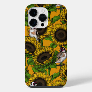 Sunflowers and goldfinches on orange iPhone 14 pro max case