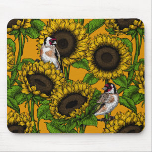 Sunflowers and goldfinches on orange mouse mat