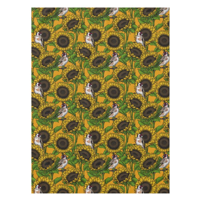 Sunflowers and goldfinches on orange tablecloth (Front)
