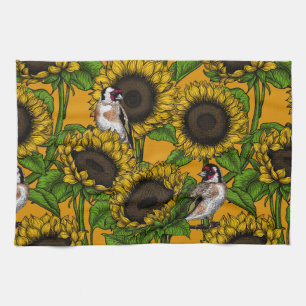 Sunflowers and goldfinches on orange tea towel