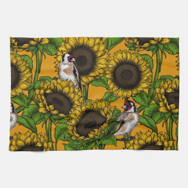 Sunflowers and goldfinches on orange tea towel (Horizontal)