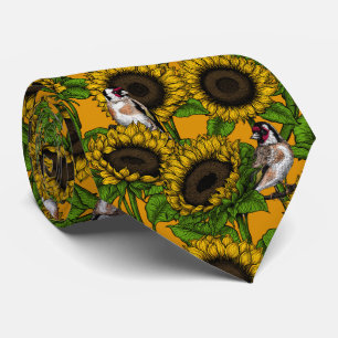 Sunflowers and goldfinches on orange tie