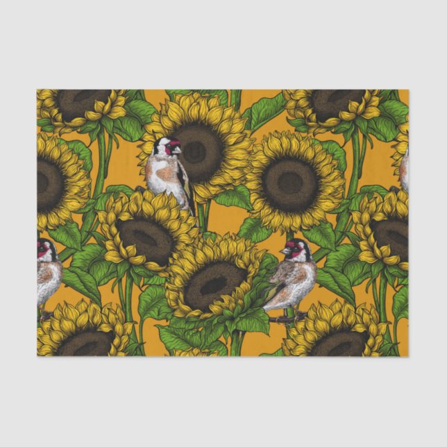 Sunflowers and goldfinches on orange tissue paper (Front)