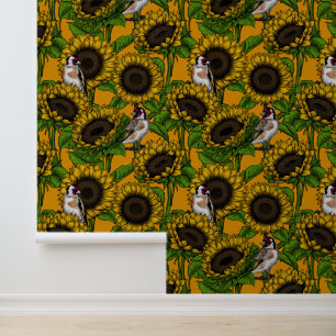 Sunflowers and goldfinches on orange wallpaper