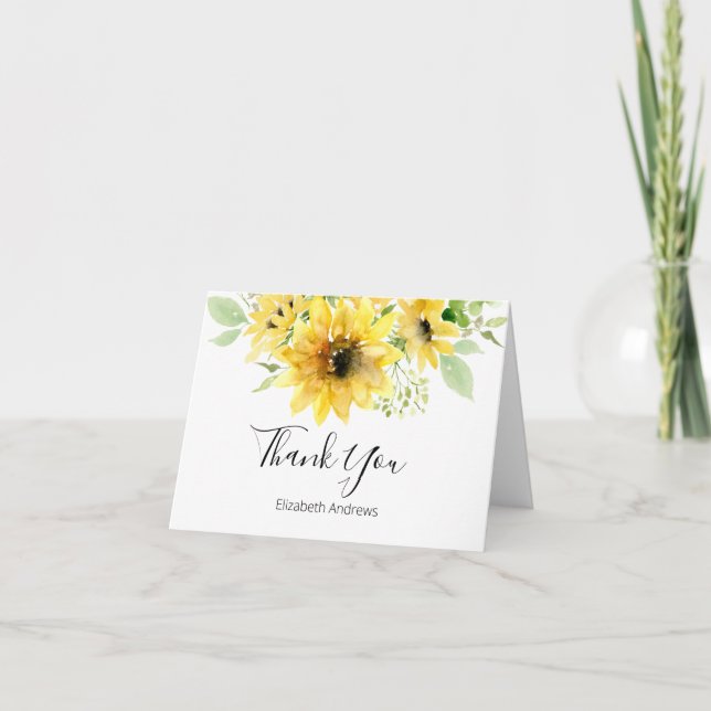 Sunflowers and Greenery Watercolor Thank You Card (Front)
