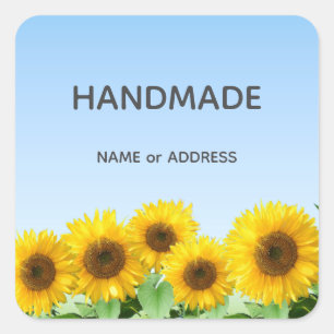 Sunflowers and Handmade Text on Light Blue Square Sticker