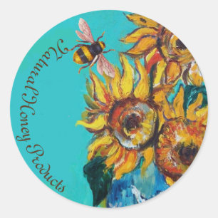 SUNFLOWERS AND HONEY BEE FLORAL BEEKEEPING CLASSIC ROUND STICKER