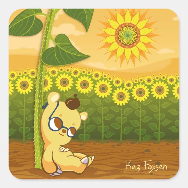 Sunflowers and Kawaii Bear Square Sticker (Front)