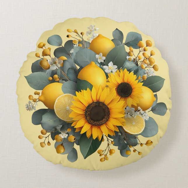 Sunflowers and Lemons Autumn Arrangement Round Cushion (Front)