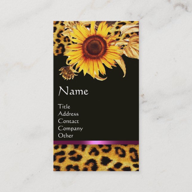 SUNFLOWERS AND LEOPARD FUR PINK GEMSTONE MONOGRAM BUSINESS CARD (Front)