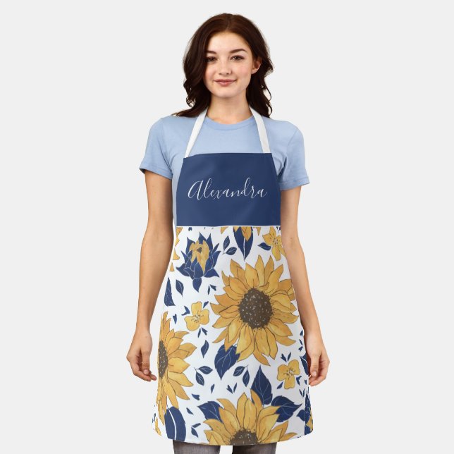 Sunflowers and Navy Blue Personalised  Apron (Worn)