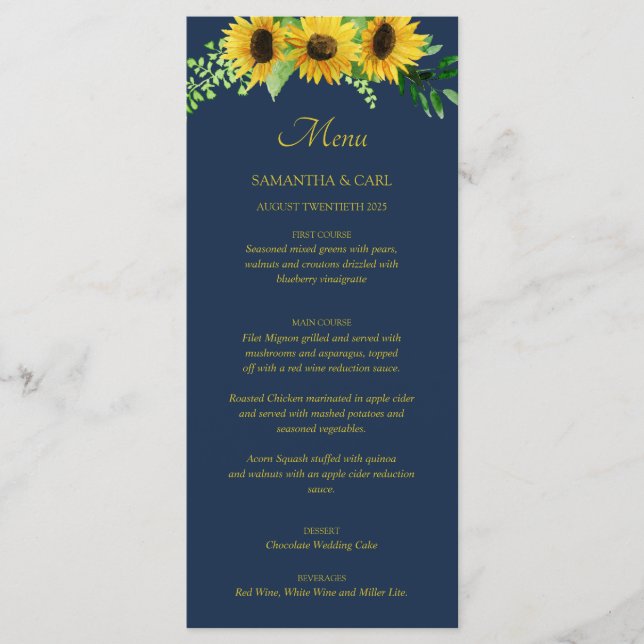 sunflowers and navy menu (Front)