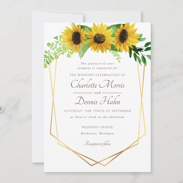 Sunflowers and navy wedding invitation (Front)