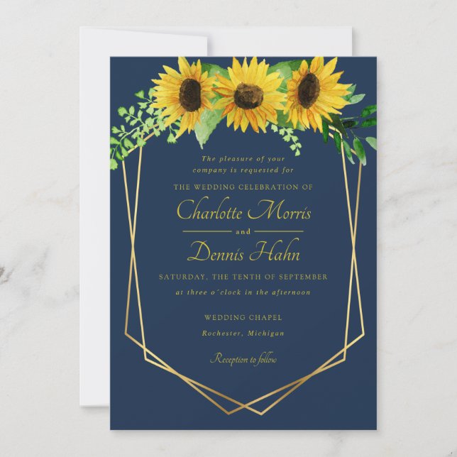 Sunflowers and navy wedding invitation (Front)