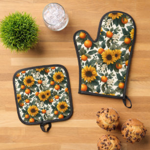Sunflowers and Oranges Autumn Design Oven Mitt & Pot Holder Set