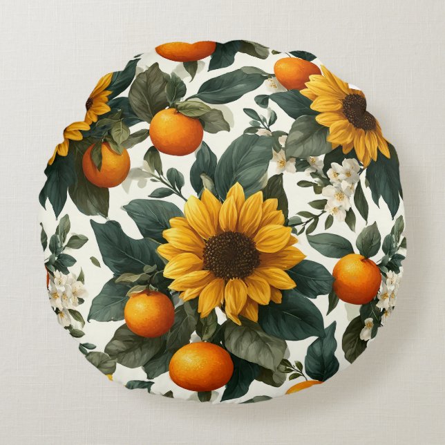 Sunflowers and Oranges Autumn Design Round Cushion (Front)