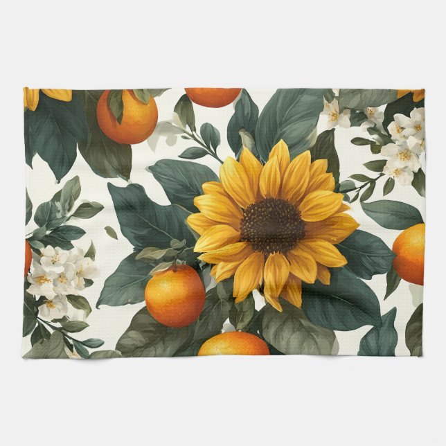 Sunflowers and Oranges Autumn Design Tea Towel (Horizontal)