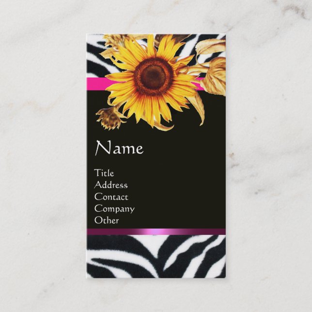 SUNFLOWERS AND PINK BLACK WHITE ZEBRA FUR BUSINESS CARD (Front)