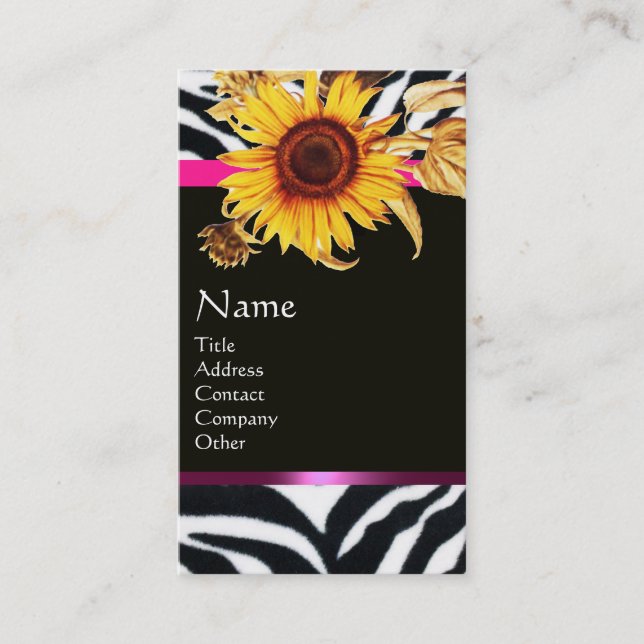 SUNFLOWERS AND PINK BLACK WHITE ZEBRA FUR MONOGRAM BUSINESS CARD (Front)