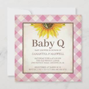 Sunflowers and Pink Gingham Baby Shower Invitation