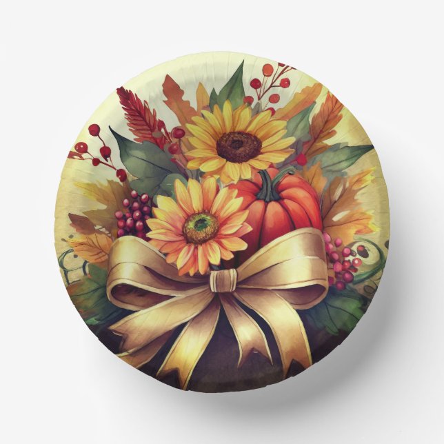Sunflowers and Pumpkin Bowl, 7" Paper Bowl Paper Plate (Front)
