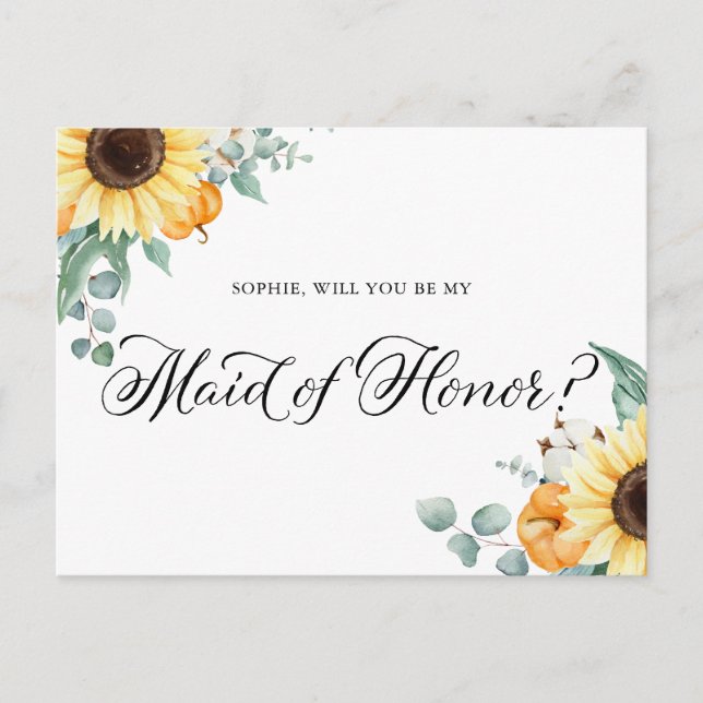 Sunflowers and Pumpkins Be My Maid of Honour Card (Front)