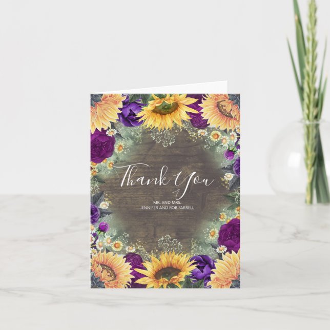 Sunflowers and Purple Rustic Fall Thank You Card (Front)