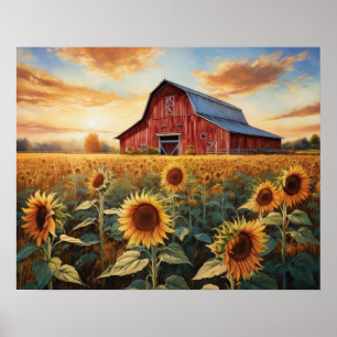 SUNFLOWERS AND RED BARN POSTER