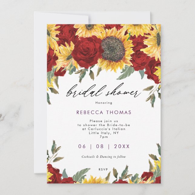 sunflowers and red roses floral bridal shower invitation (Front)