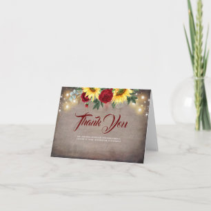 Sunflowers and Red Roses Rustic Wedding Thank You Card