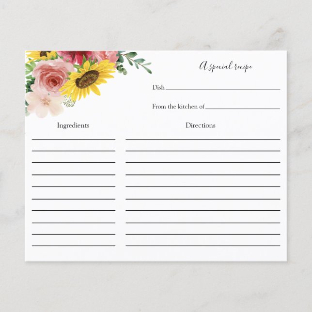Sunflowers and Roses Bridal Shower Recipe card (Front)
