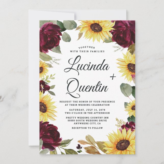 Sunflowers and Roses Burgundy Red Rustic Wedding Invitation (Front)