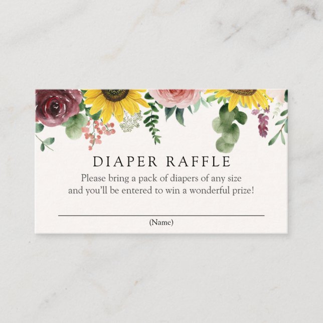 Sunflowers and Roses Diaper Raffle insert card (Front)